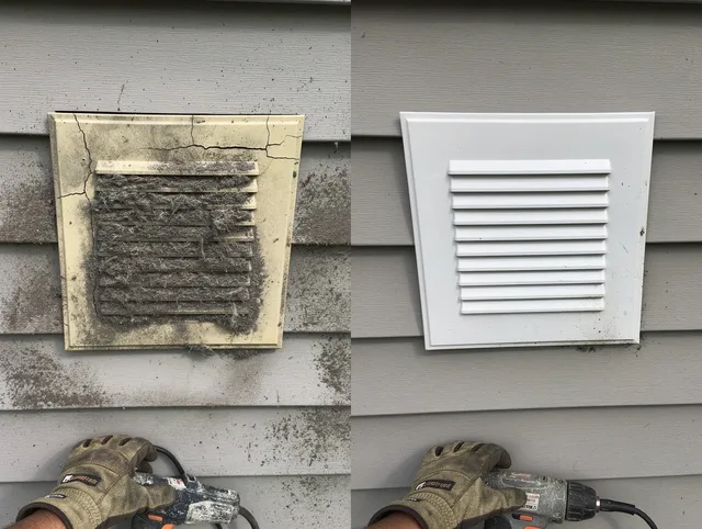 Long Beach Dryer Vent Cleaning technician installing high-quality dryer vent cover at a residential property in Long Beach