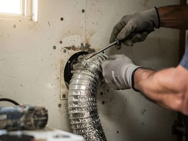 Long Beach Dryer Vent Cleaning technician performing precise dryer vent hose installation in Long Beach